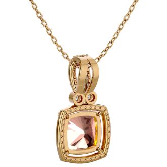 3-1/3 Carat Cushion Shape Morganite With Diamond Halo In 14 Karat Yellow Gold With 18 Inch Chain