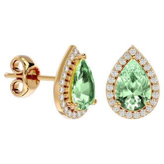 2 1/3 Carat Green Amethyst and Diamond Pear Shape Stud Earrings In 14 Karat Yellow Gold 