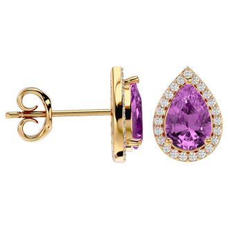 3 1/4 Carat Pink Topaz and Diamond Pear Shape Stud Earrings In 14 Karat Yellow Gold 