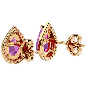 3 1/4 Carat Pink Topaz and Diamond Pear Shape Stud Earrings In 14 Karat Yellow Gold 