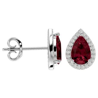 Garnet Earrings: Garnet Jewelry: 2 1/3 Carat Garnet and Diamond Pear Shape Stud Earrings In 14 Karat White Gold 