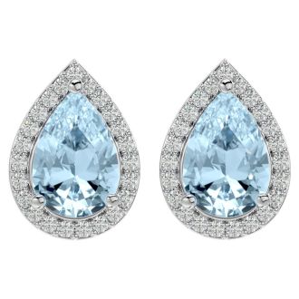 Aquamarine Earrings: Aquamarine Jewelry: 2 1/2 Carat Aquamarine and Diamond Pear Shape Stud Earrings In 14 Karat White Gold 