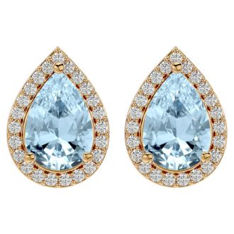 Aquamarine Earrings: Aquamarine Jewelry: 2 1/2 Carat Aquamarine and Diamond Pear Shape Stud Earrings In 14 Karat Yellow Gold 