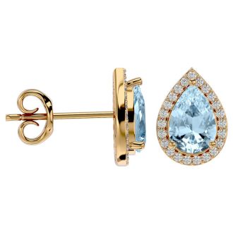 Aquamarine Earrings: Aquamarine Jewelry: 2 1/2 Carat Aquamarine and Diamond Pear Shape Stud Earrings In 14 Karat Yellow Gold 