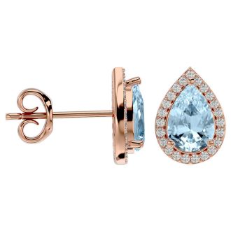 Aquamarine Earrings March Birthstone 2 1 2 Carat Aquamarine and Diamond Pear Shape Stud Earrings In 14 Karat Rose Gold
