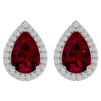 3 1/3 Carat Ruby and Diamond Pear Shape Stud Earrings In 14 Karat White Gold
