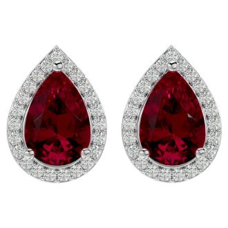 3 1/3 Carat Ruby and Diamond Pear Shape Stud Earrings In 14 Karat White Gold 