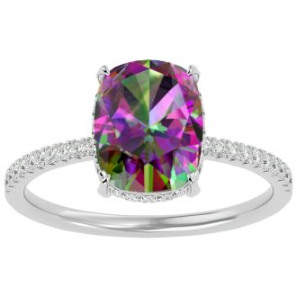 3-3/4 Carat Cushion Shape Mystic Topaz Ring With A Hidden Diamond Halo In 14 Karat White Gold