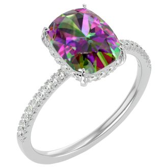 3-3/4 Carat Cushion Shape Mystic Topaz Ring With A Hidden Diamond Halo In 14 Karat White Gold