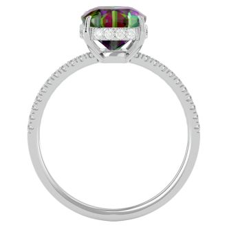 3-3/4 Carat Cushion Shape Mystic Topaz Ring With A Hidden Diamond Halo In 14 Karat White Gold