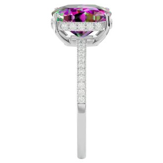 3-3/4 Carat Cushion Shape Mystic Topaz Ring With A Hidden Diamond Halo In 14 Karat White Gold