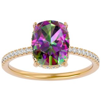 3-3/4 Carat Cushion Shape Mystic Topaz Ring With A Hidden Diamond Halo In 14 Karat Yellow Gold