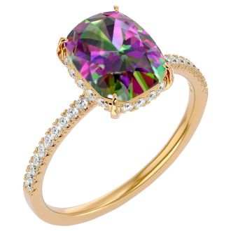 3-3/4 Carat Cushion Shape Mystic Topaz Ring With A Hidden Diamond Halo In 14 Karat Yellow Gold
