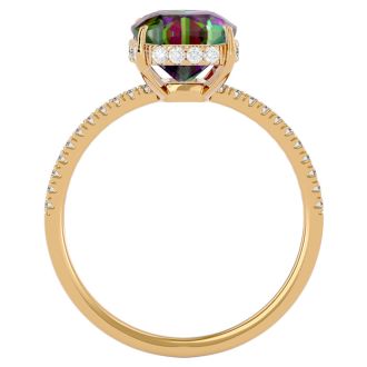 3-3/4 Carat Cushion Shape Mystic Topaz Ring With A Hidden Diamond Halo In 14 Karat Yellow Gold