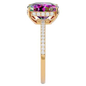 3-3/4 Carat Cushion Shape Mystic Topaz Ring With A Hidden Diamond Halo In 14 Karat Yellow Gold