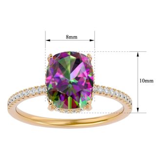 3-3/4 Carat Cushion Shape Mystic Topaz Ring With A Hidden Diamond Halo In 14 Karat Yellow Gold