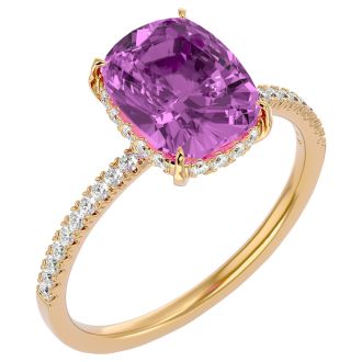 3 3/4 Carat Antique Cushion Shape Pink Topaz and Hidden Halo Diamond Ring In 14 Karat Yellow Gold