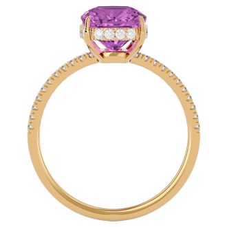3 3/4 Carat Antique Cushion Shape Pink Topaz and Hidden Halo Diamond Ring In 14 Karat Yellow Gold