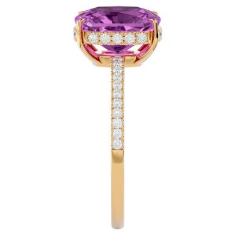 3 3/4 Carat Antique Cushion Shape Pink Topaz and Hidden Halo Diamond Ring In 14 Karat Yellow Gold