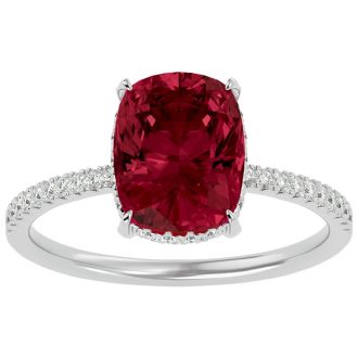 Garnet Ring: Garnet Jewelry: 3 3/4 Carat Antique Cushion Shape Garnet and Hidden Halo Diamond Ring In 14 Karat White Gold
