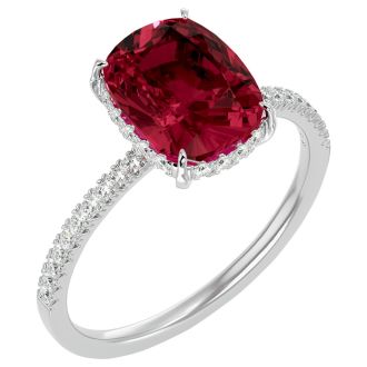 Garnet Ring: Garnet Jewelry: 3 3/4 Carat Antique Cushion Shape Garnet and Hidden Halo Diamond Ring In 14 Karat White Gold