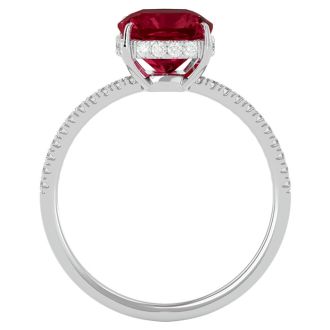 Garnet Ring: Garnet Jewelry: 3 3/4 Carat Antique Cushion Shape Garnet and Hidden Halo Diamond Ring In 14 Karat White Gold