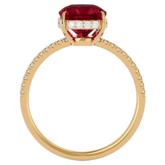 Garnet Ring: Garnet Jewelry: 3 3/4 Carat Antique Cushion Shape Garnet and Hidden Halo Diamond Ring In 14 Karat Yellow Gold