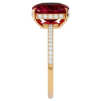 Garnet Ring: Garnet Jewelry: 3 3/4 Carat Antique Cushion Shape Garnet and Hidden Halo Diamond Ring In 14 Karat Yellow Gold