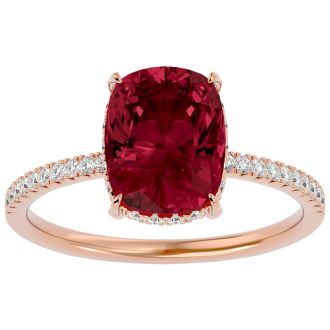 Garnet Ring: Garnet Jewelry: 3 3/4 Carat Antique Cushion Shape Garnet and Hidden Halo Diamond Ring In 14 Karat Rose Gold