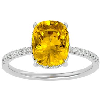 2 3/4 Carat Antique Cushion Shape Citrine and Hidden Halo Diamond Ring In 14 Karat White Gold