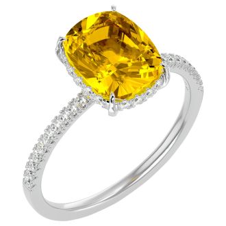 2 3/4 Carat Antique Cushion Shape Citrine and Hidden Halo Diamond Ring In 14 Karat White Gold