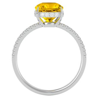 2 3/4 Carat Antique Cushion Shape Citrine and Hidden Halo Diamond Ring In 14 Karat White Gold