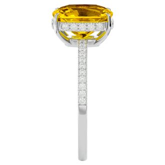2 3/4 Carat Antique Cushion Shape Citrine and Hidden Halo Diamond Ring In 14 Karat White Gold