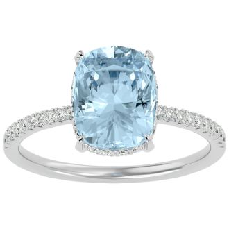 Aquamarine Ring: Aquamarine Jewelry: 3 1/2 Carat Antique Cushion Shape Aquamarine and Hidden Halo Diamond Ring In 14 Karat White Gold