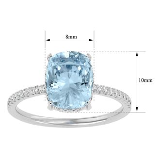 Aquamarine Ring: Aquamarine Jewelry: 3 1/2 Carat Antique Cushion Shape Aquamarine and Hidden Halo Diamond Ring In 14 Karat White Gold