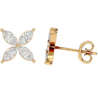 2 Carat Marquise Shape Diamond Cluster Stud Earrings In 14 Karat Yellow Gold