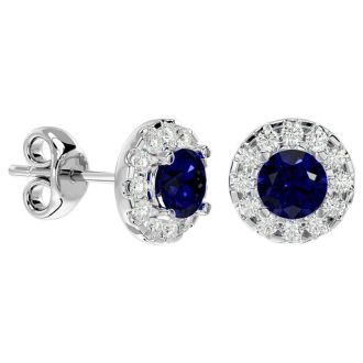 1 Carat Sapphire and Halo Diamond Stud Earrings In 14 Karat White Gold