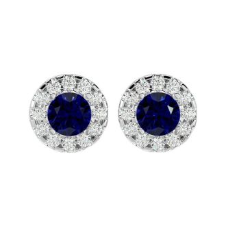1 Carat Sapphire and Halo Diamond Stud Earrings In 14 Karat White Gold