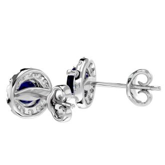 1 Carat Sapphire and Halo Diamond Stud Earrings In 14 Karat White Gold