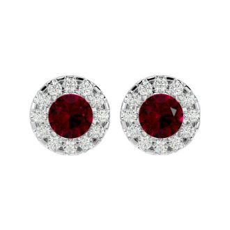 1 Carat Ruby and Halo Diamond Stud Earrings In 14 Karat White Gold