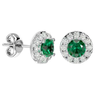 1 Carat Emerald and Halo Diamond Stud Earrings In 14 Karat White Gold