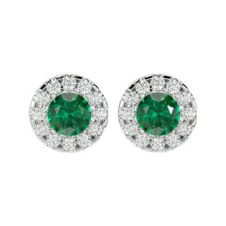 1 Carat Emerald and Halo Diamond Stud Earrings In 14 Karat White Gold