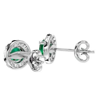 1 Carat Emerald and Halo Diamond Stud Earrings In 14 Karat White Gold