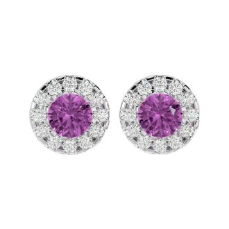 1 Carat Pink Topaz and Halo Diamond Stud Earrings In 14 Karat White Gold