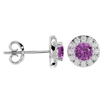 1 Carat Pink Topaz and Halo Diamond Stud Earrings In 14 Karat White Gold