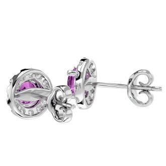 1 Carat Pink Topaz and Halo Diamond Stud Earrings In 14 Karat White Gold