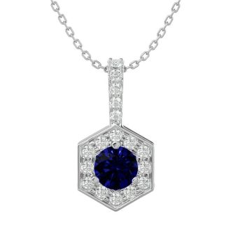 1/2 Carat Sapphire and Halo Diamond Necklace In 14 Karat White Gold, 18 Inches