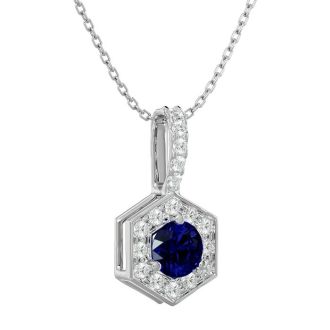 1/2 Carat Sapphire and Halo Diamond Necklace In 14 Karat White Gold, 18 Inches