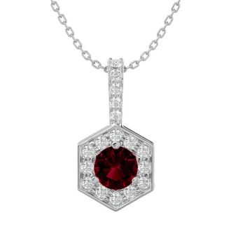 1/2 Carat Ruby and Halo Diamond Necklace In 14 Karat White Gold, 18 Inches
