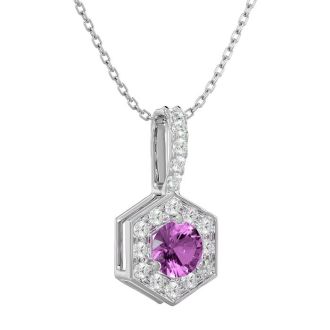 1/2 Carat Pink Topaz and Halo Diamond Necklace In 14 Karat White Gold, 18 Inches